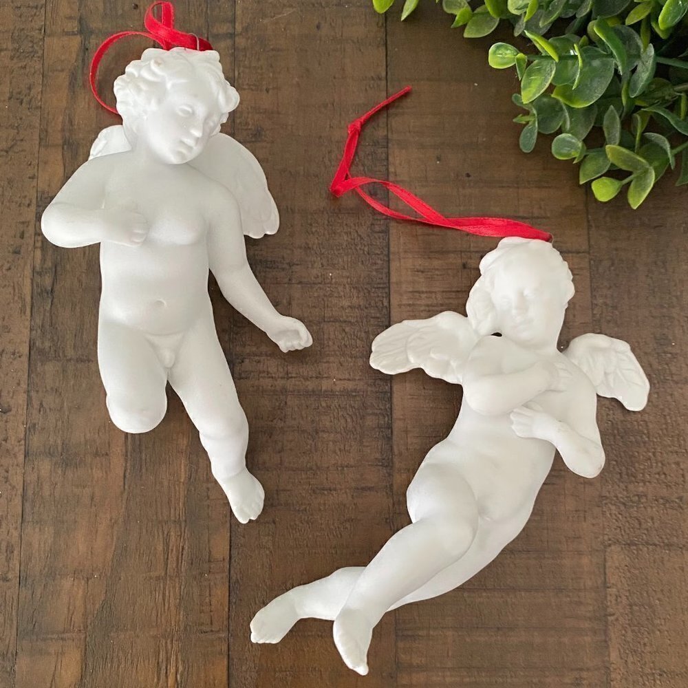 Vintage Pair of Porcelain Bisque Cherub Ornaments